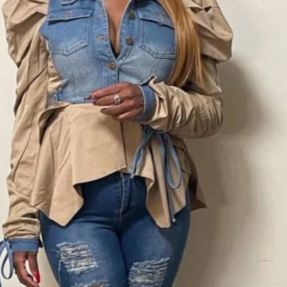 Denim and Tan Puff Sleeve shirt and vest - Picture 2 of 4